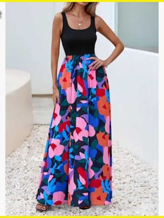 Boho Floral Maxi Dress Sleeveless Scoop Neck A-Line Flowy Beach Vacation Resort - Picture 3 of 7